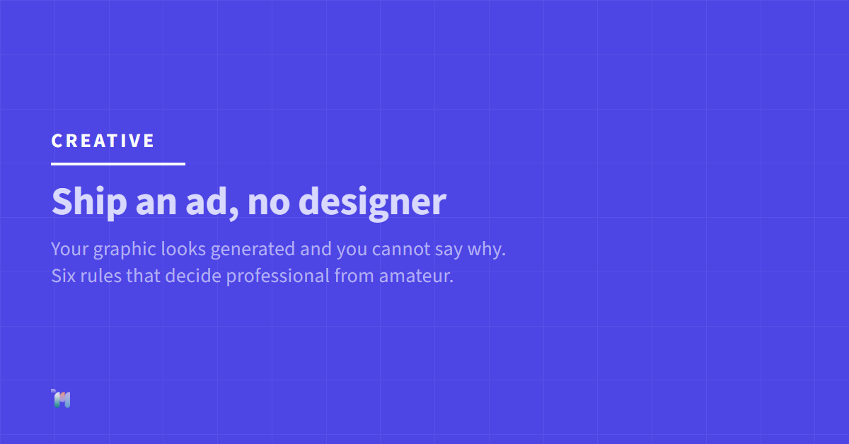 Creative. Ship an ad, no designer. Your graphic looks generated and you cannot say why. Six rules that decide professional from amateur.