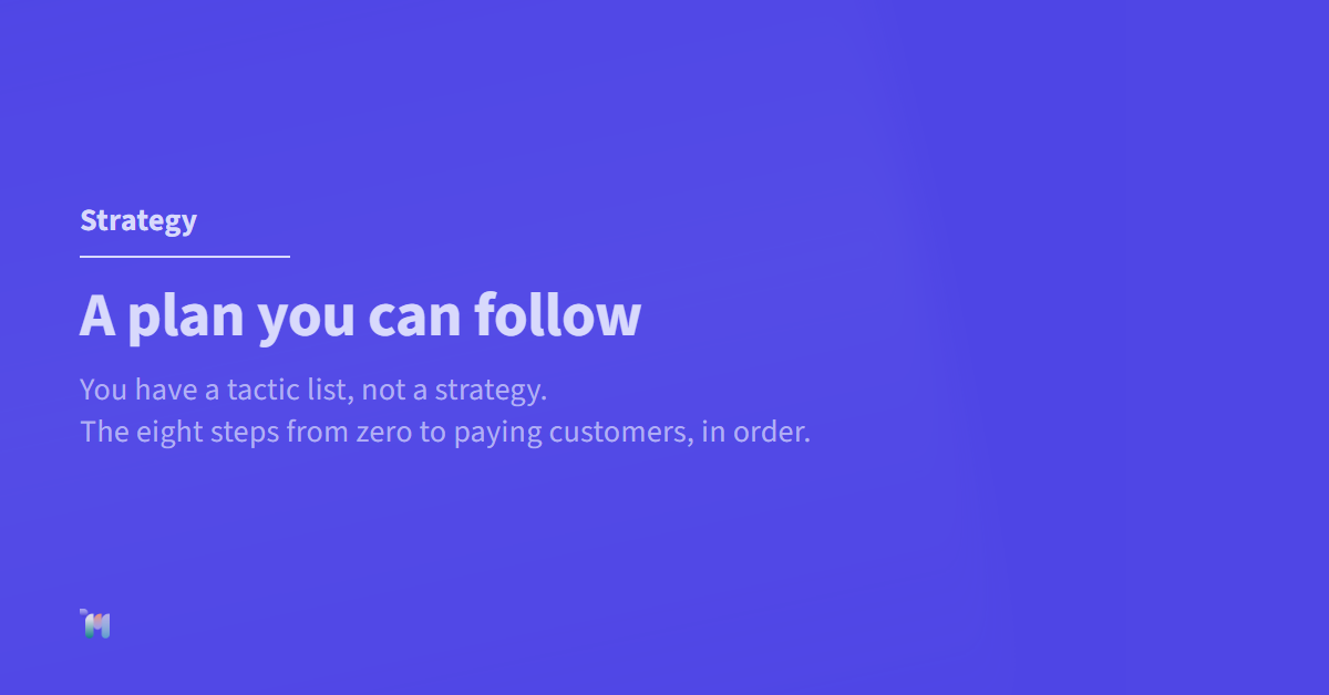 Strategy. A plan you can follow. You have a tactic list, not a strategy. The eight steps from zero to paying customers, in order.