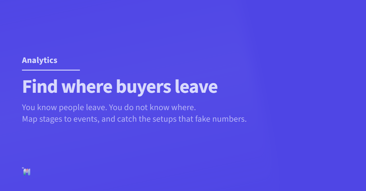 Analytics. Find where buyers leave. You know people leave. You do not know where. Map stages to events, and catch the setups that fake numbers.