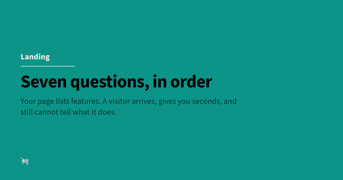 Landing. Seven questions, in order. Your page lists features. A visitor arrives, gives you seconds, and still cannot tell what it does.