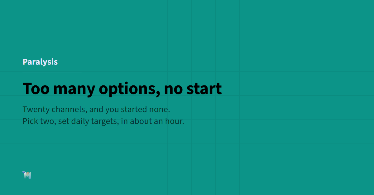Paralysis. Too many options, no start. Twenty channels, and you started none. Pick two, set daily targets, in about an hour.
