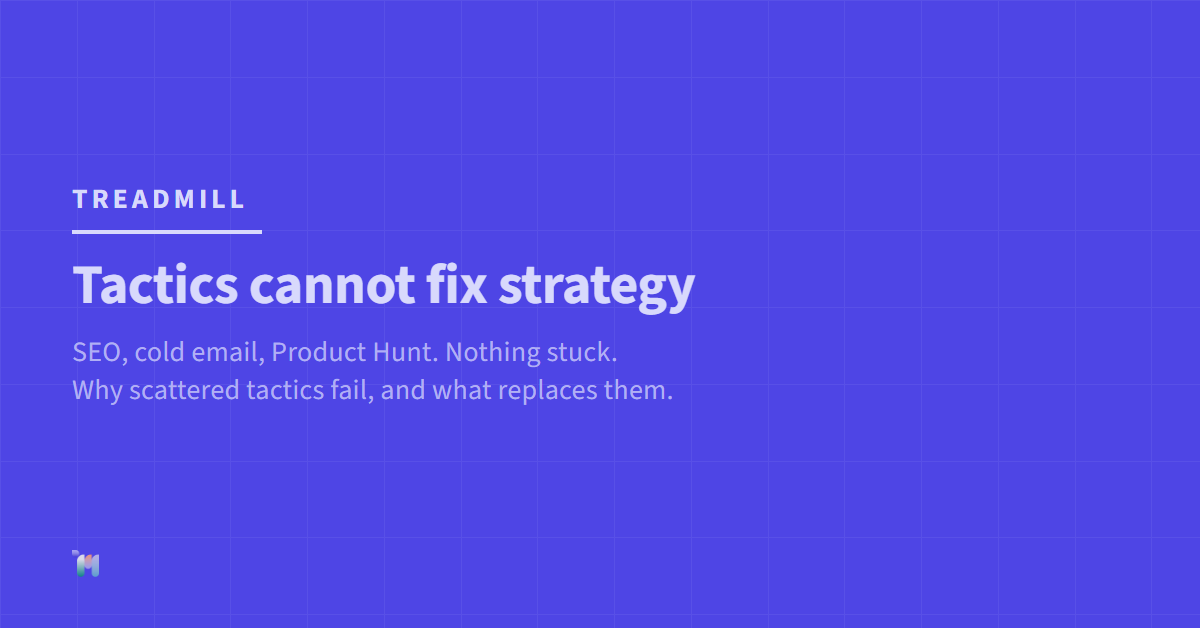 Treadmill. Tactics cannot fix strategy. SEO, cold email, Product Hunt. Nothing stuck. Why scattered tactics fail, and what replaces them.